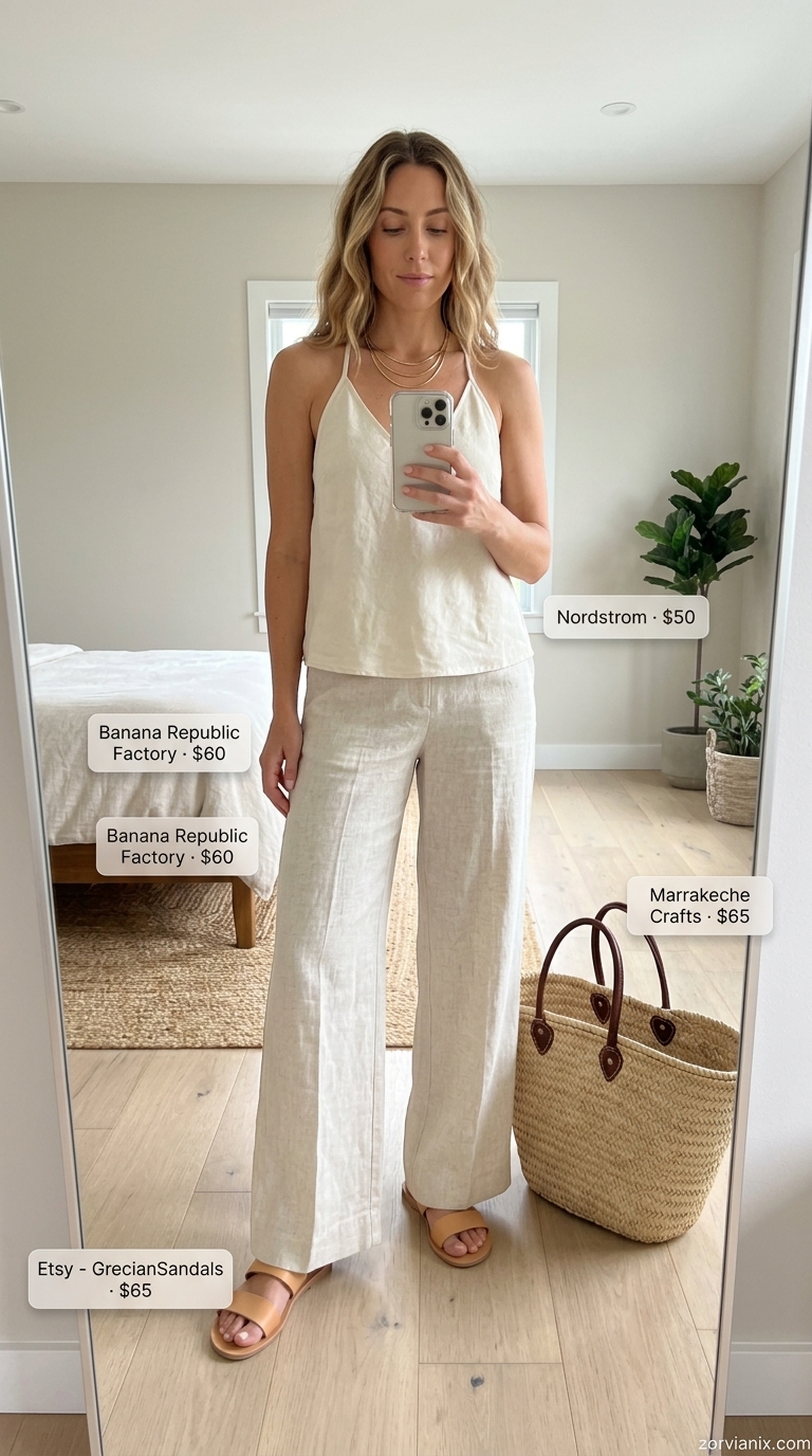 Mediterranean Breeze Linen Set: Summer Matching Set Outfits for Women 2026 Cream and olive green linen matching set for women 2026, relaxed vacation outfit. Wide-leg pants and oversized shirt.
