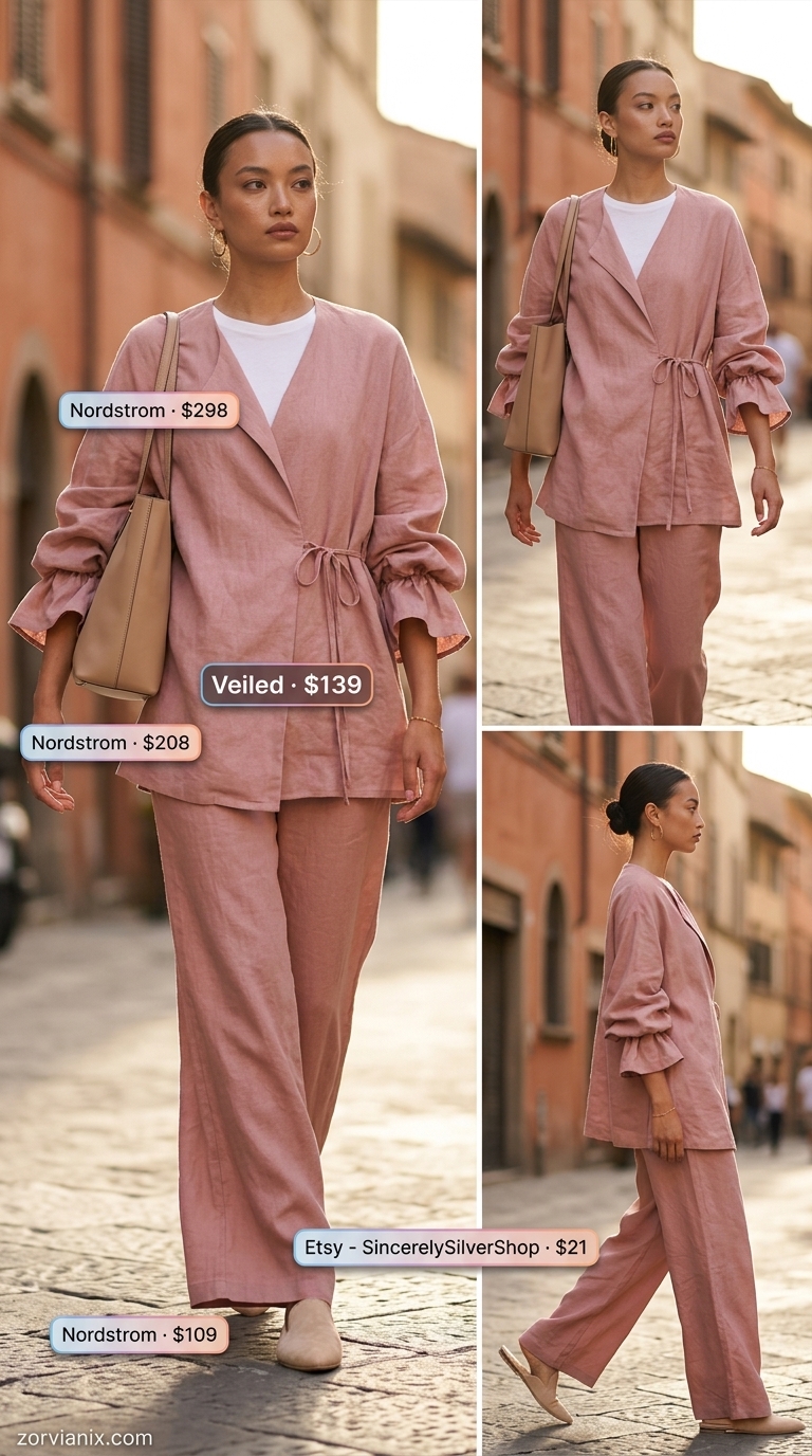 Monochromatic Linen Luxe: Summer Matching Set Outfits for Women 2026 Dusty rose linen matching set for women 2026, perfect for casual chic and travel outfits. Effortless and sophisticated.