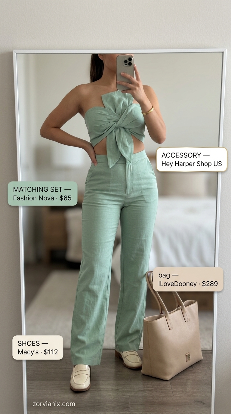 Monochrome Linen Ease Set 2026 Chic olive green linen wide-leg trousers and tunic set. Summer matching set outfits for women 2026.