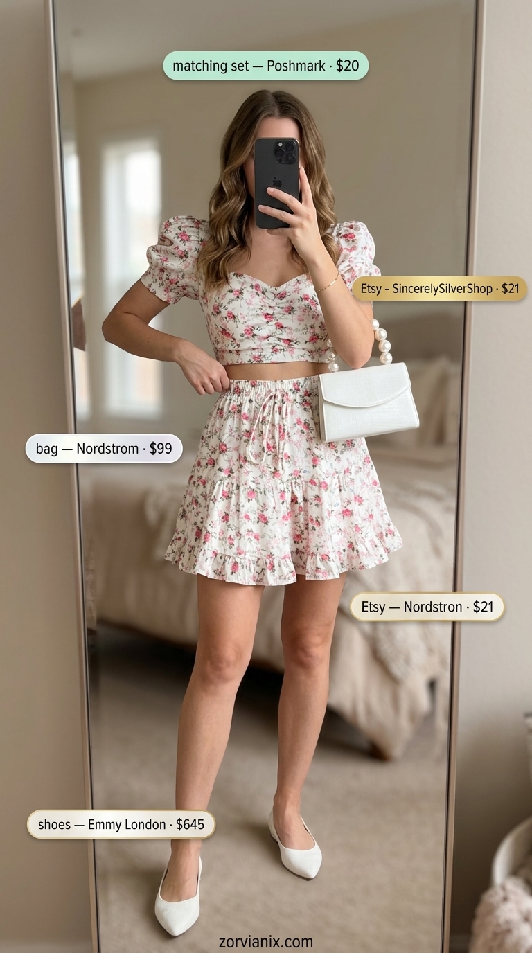 Garden Party Pastel Set 2026 Feminine pastel floral print skirt and puff-sleeve top set. Summer matching set outfits for women 2026.