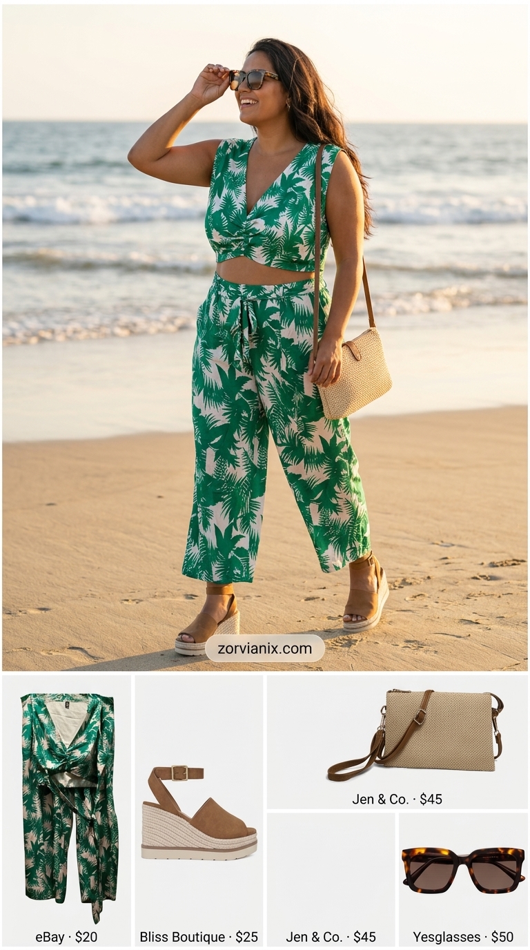 Tropical Vacation Print Set 2026 Bold tropical print palazzo pants and halter top set for vacation. Summer matching set outfits for women 2026.