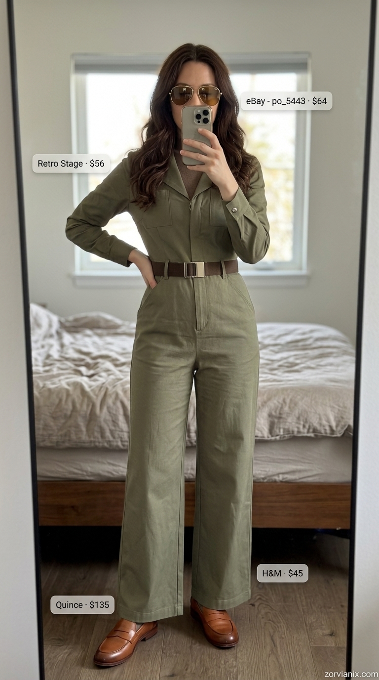 Casual Weekend Utility Jumpsuit 2026 Khaki utility jumpsuit for casual weekend style. Summer matching set outfits for women 2026.