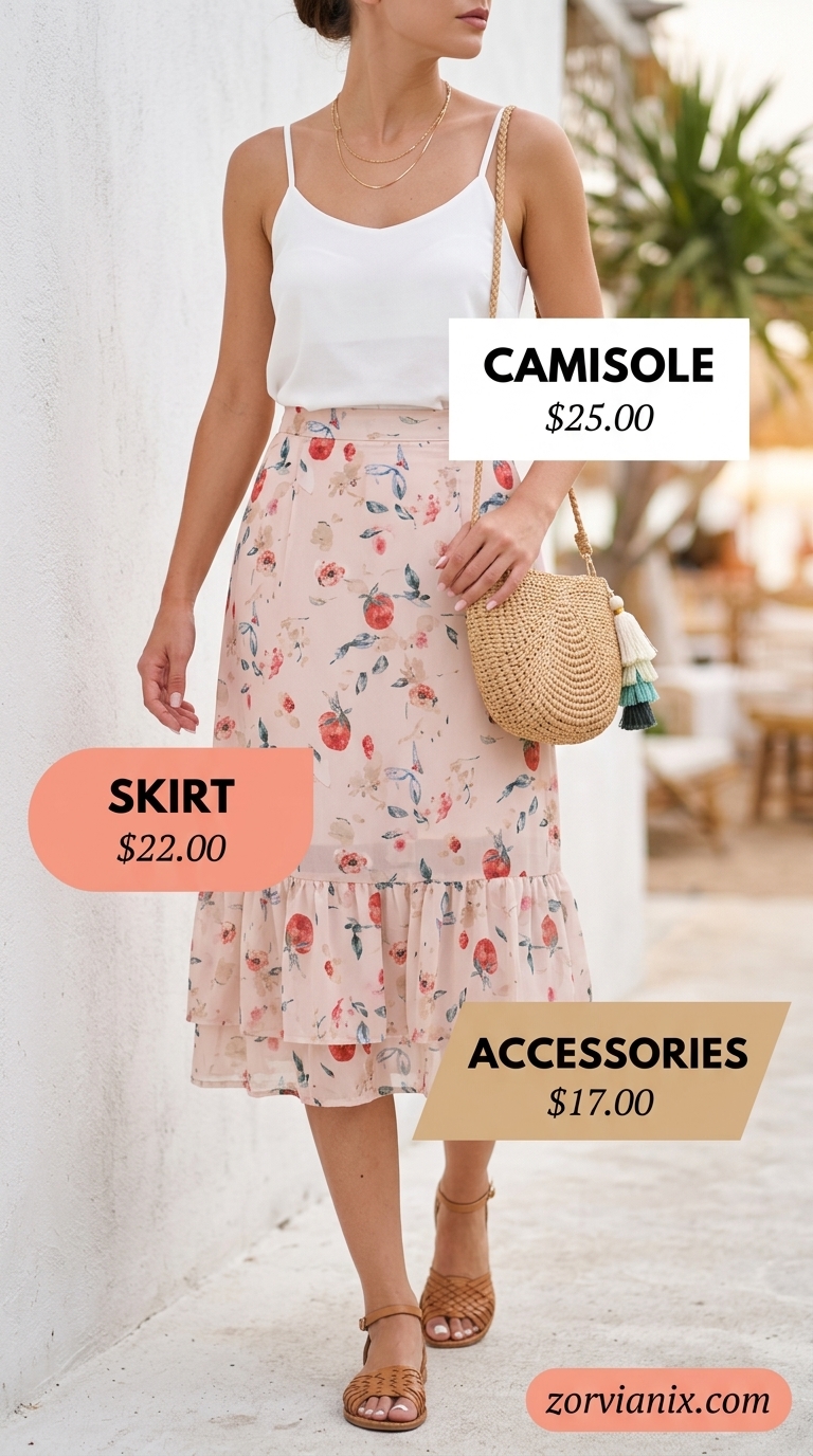 Bohemian summer midi skirt outfit 2026: Pink floral skirt, white camisole, straw bag for beach brunch.