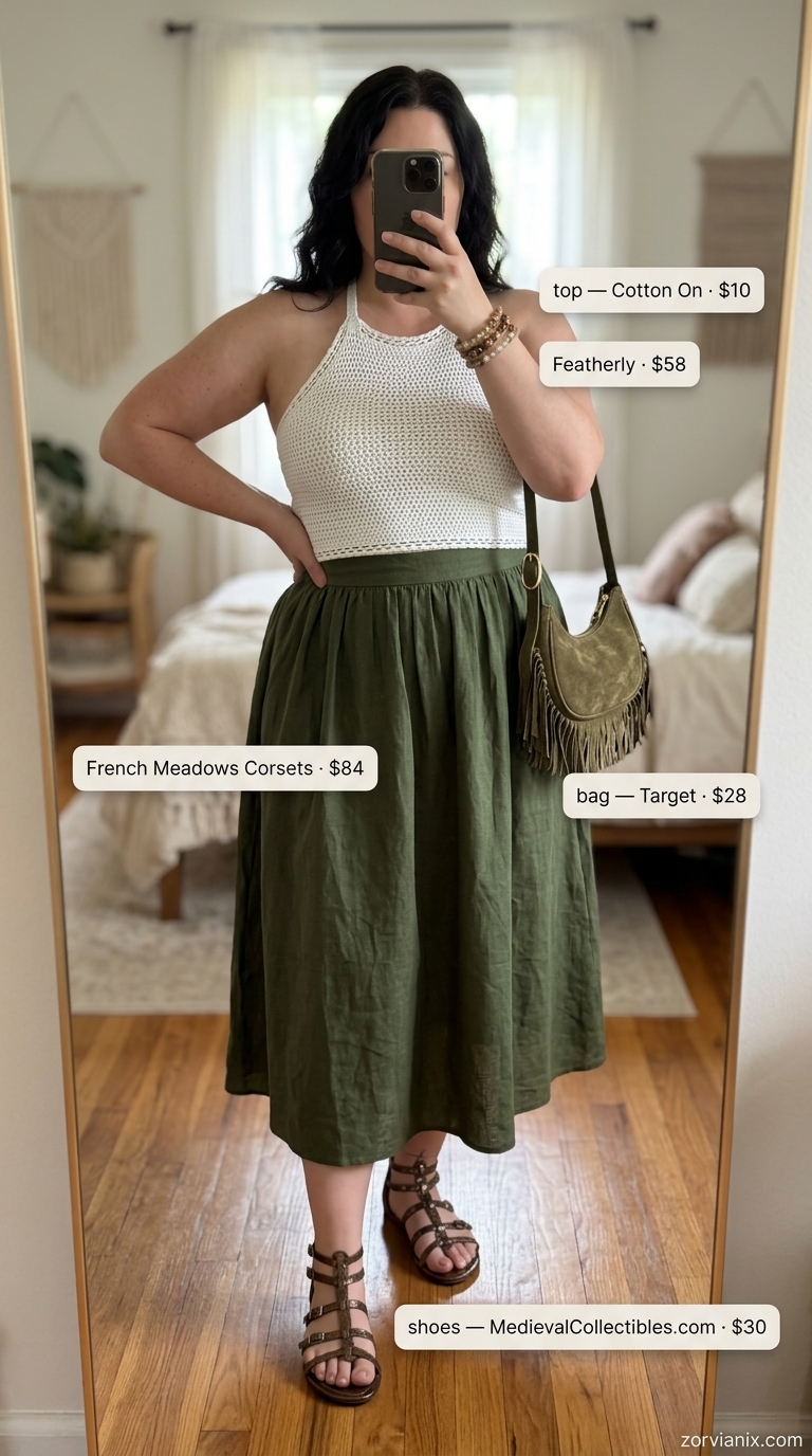 Boho summer midi skirt outfit 2026: Olive green tiered skirt, cream crochet top, gladiator sandals for festival.