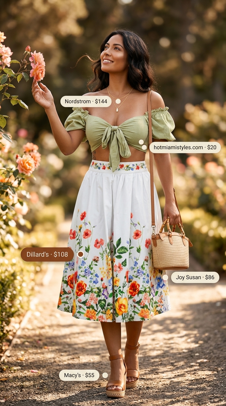 Romantic summer midi skirt outfit 2026: Floral skirt, smocked top, espadrille wedges for brunch.