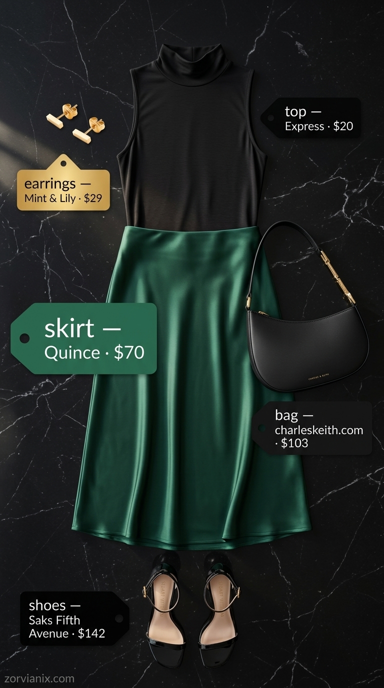 Sophisticated summer midi skirt outfit 2026: Emerald green slip skirt, black mock neck top, stiletto sandals.
