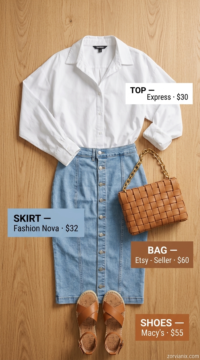 Casual summer midi skirt outfit 2026: Light wash denim skirt, white oversized shirt, brown espadrilles for day out.