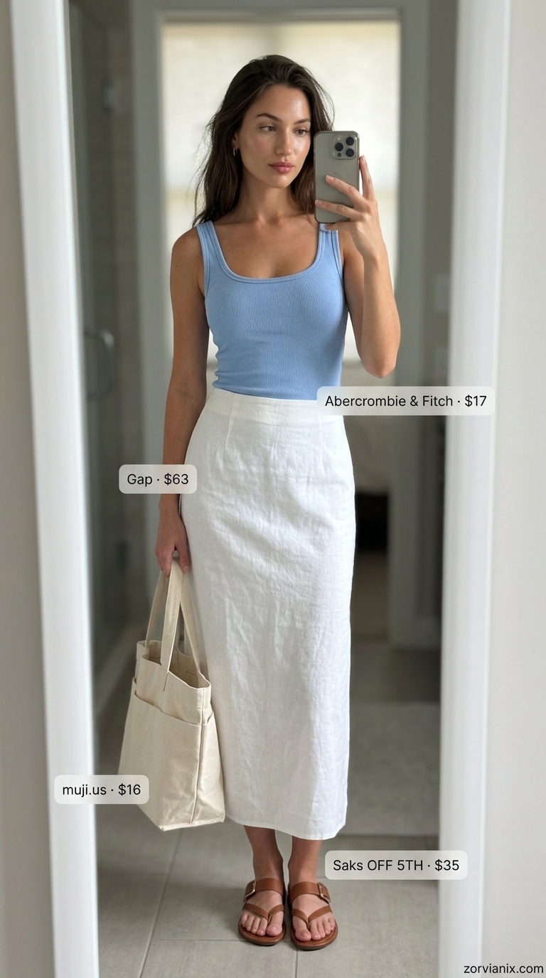 White linen midi skirt outfit for a coastal escape in 2026. Relaxed vacation style with blue tank.