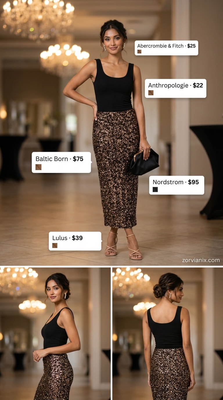 Bronze sequin midi skirt outfit for a summer evening gala in 2026. Glamorous formal style with black top.
