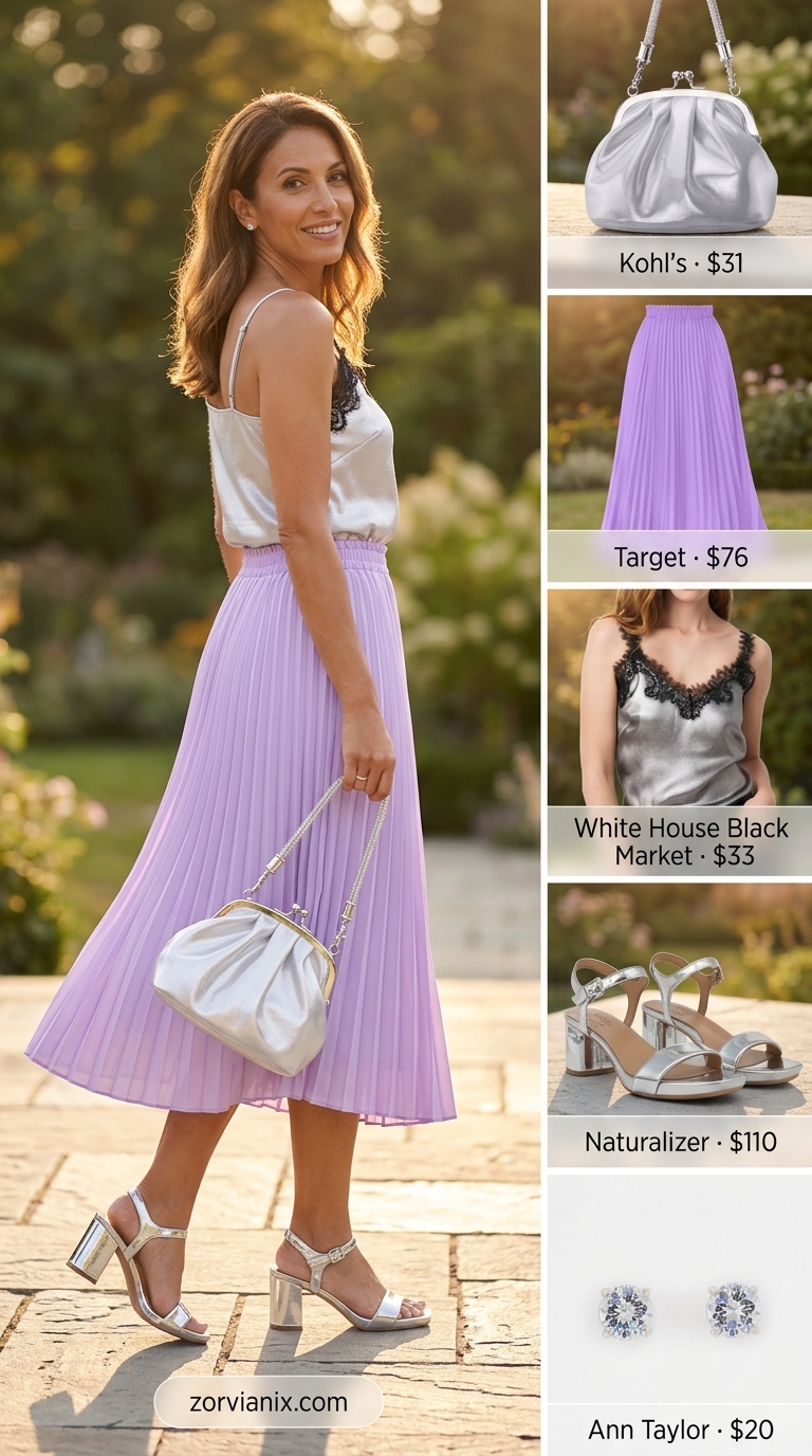 Elegant summer midi skirt outfit 2026: Lavender pleated skirt, silk cami, silver heels for wedding guest.