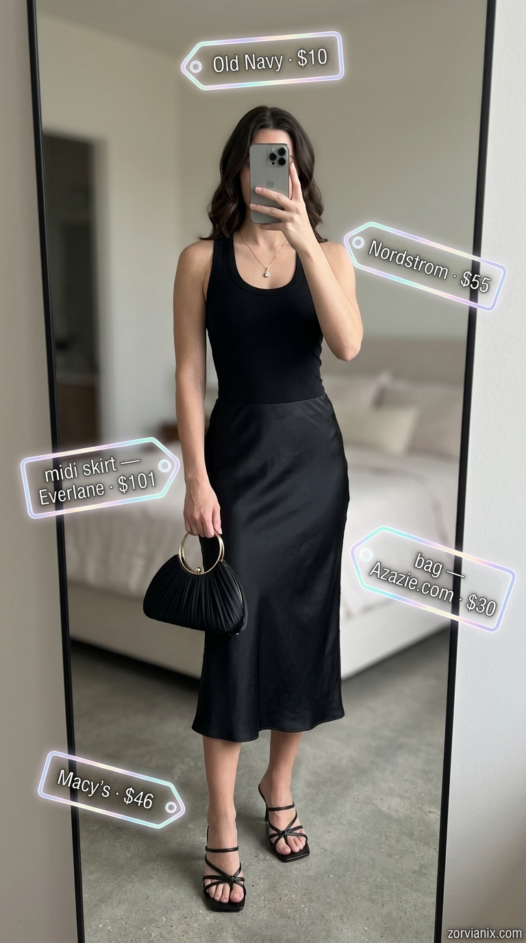 Sleek summer midi skirt outfit 2026: Black silk slip skirt, ribbed tank, strappy heels for date night.