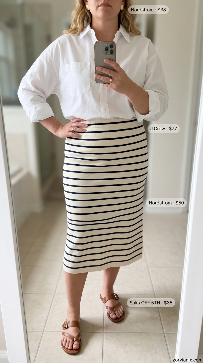 Navy and white stripe midi skirt outfit for a boat trip in 2026. Classic casual style with white shirt.