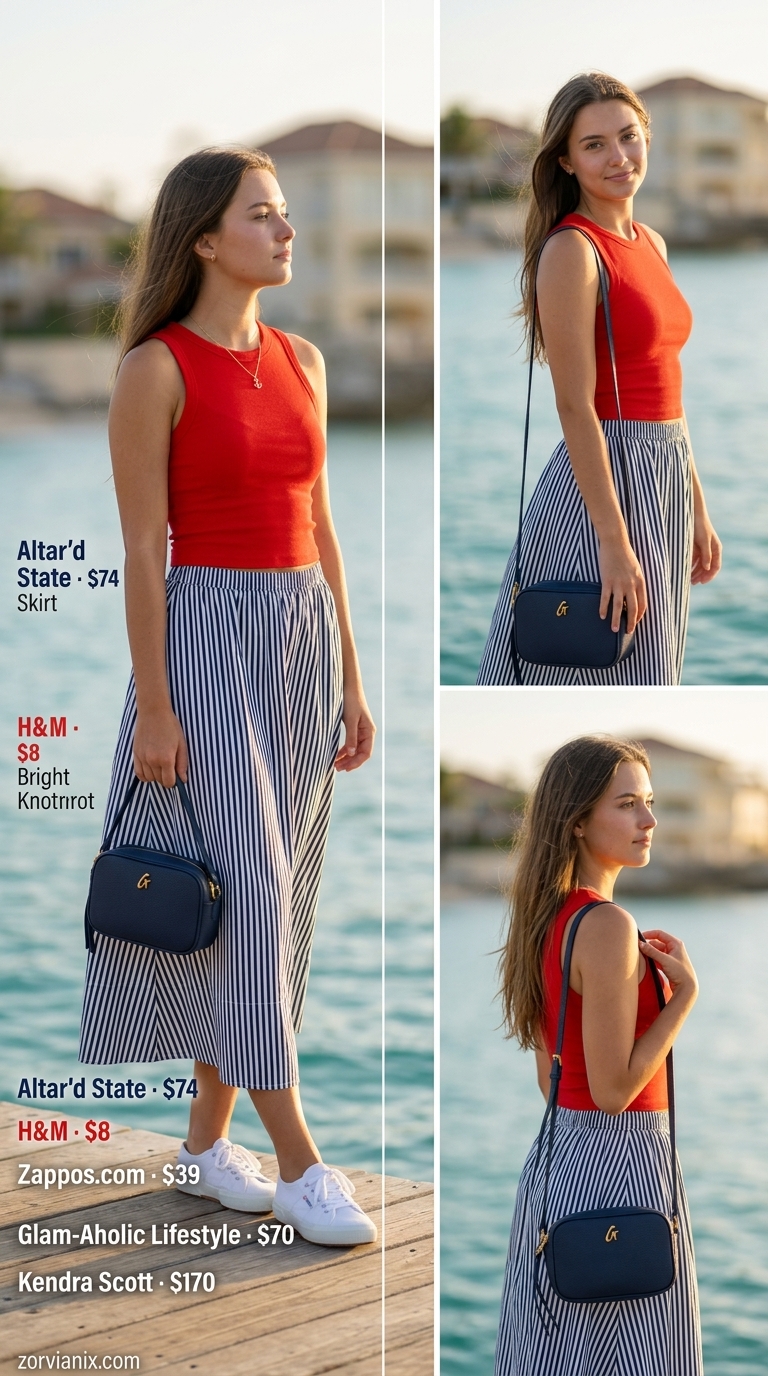 Navy and white stripe midi skirt outfit for a nautical cruise in 2026. Classic preppy style with red top.