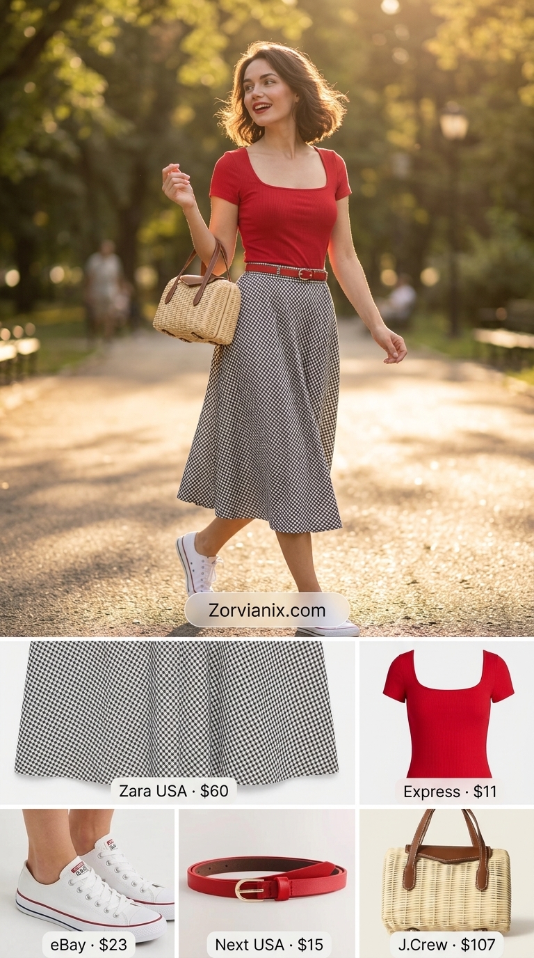 Playful summer midi skirt outfit 2026: Gingham skirt, red knit top, white sneakers for picnic.