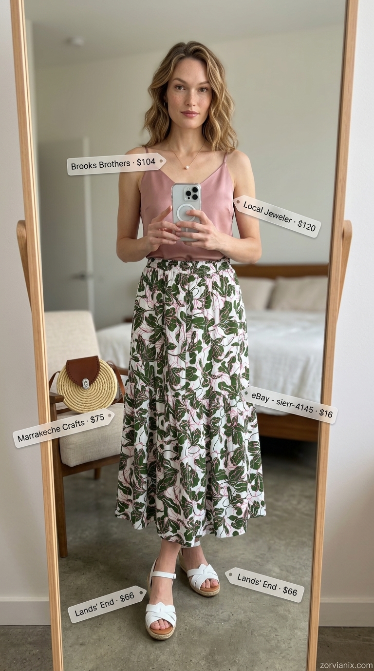 Romantic summer midi skirt outfit 2026: Floral skirt, pink camisole, espadrille wedges for garden brunch.
