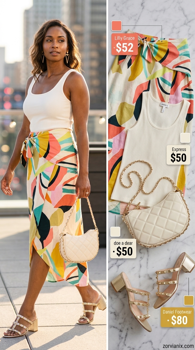 Coral abstract print midi skirt outfit for rooftop cocktails in 2026. Vibrant chic summer style.