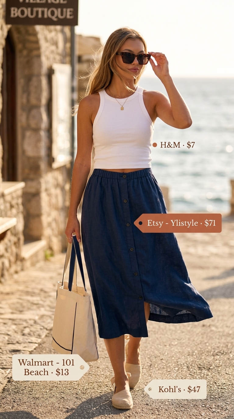 Relaxed summer midi skirt outfit 2026: Sky blue skirt, white tank, espadrilles for vacation.