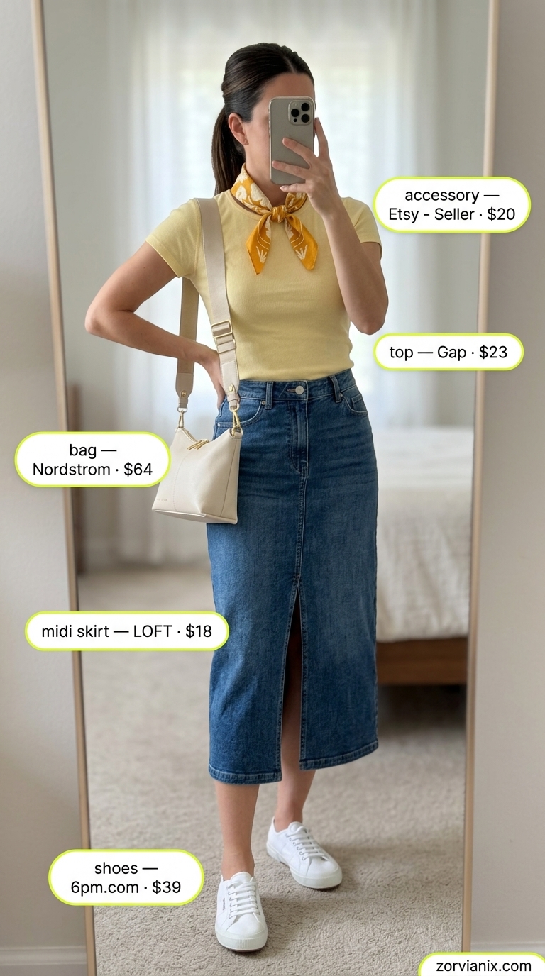 Casual summer midi skirt outfit 2026: Denim skirt, yellow tee, white sneakers for everyday style.