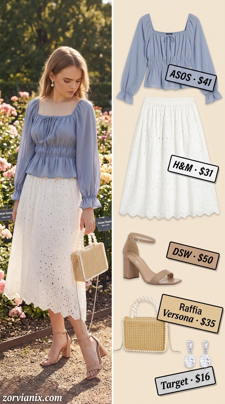 Feminine summer midi skirt outfit 2026: Dusty blue puff-sleeve top, white eyelet skirt, nude block heels for garden party.