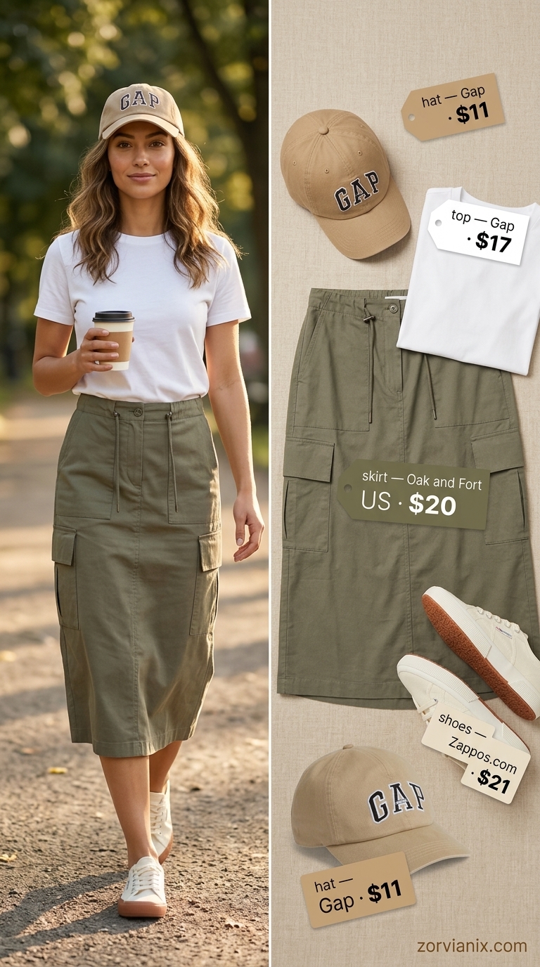 Olive green utility midi skirt outfit for urban exploration in 2026. Casual weekend style with white tee & beige tote.