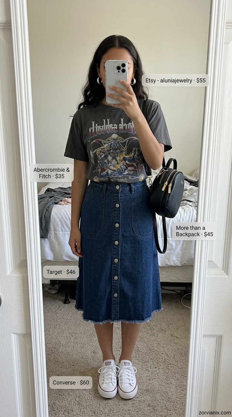 Edgy summer midi skirt outfit 2026: Denim skirt, graphic tee, white sneakers for urban exploration.