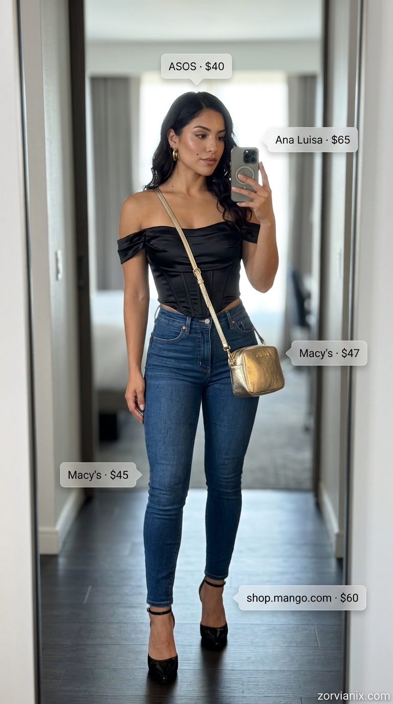 Black off-shoulder corset top with dark indigo jeans for downtown date night outfits 2026.