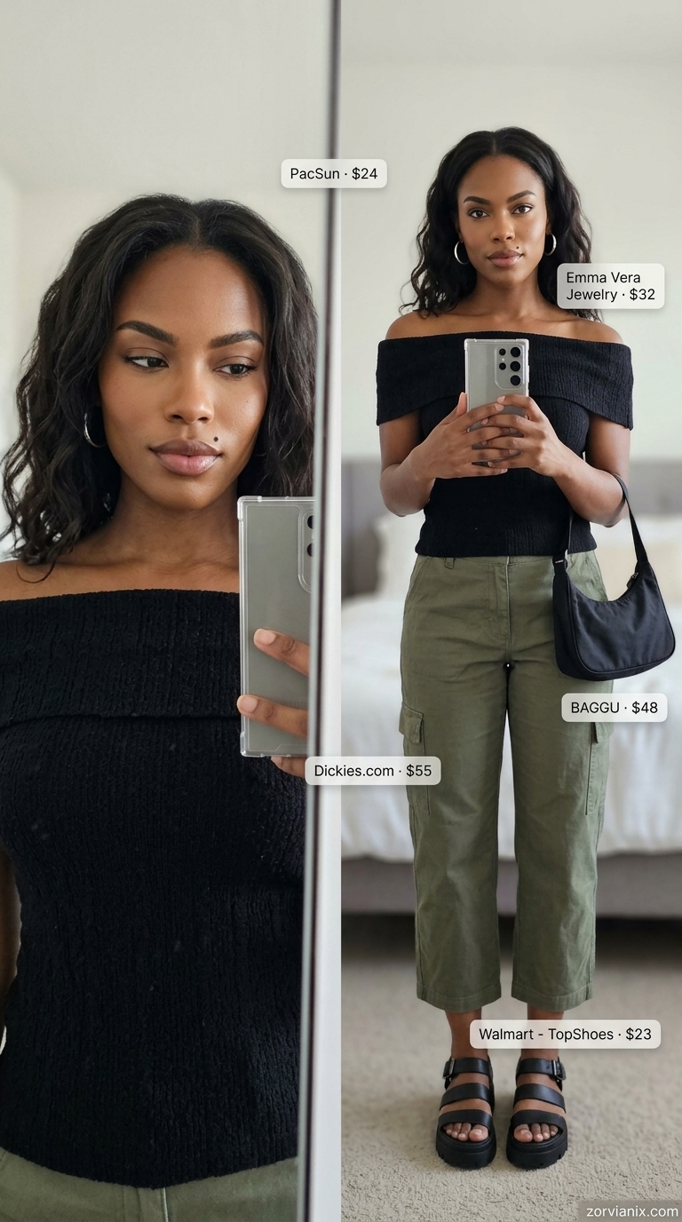 Black off-shoulder knit top with olive green cargo pants for urban edge outfits 2026.
