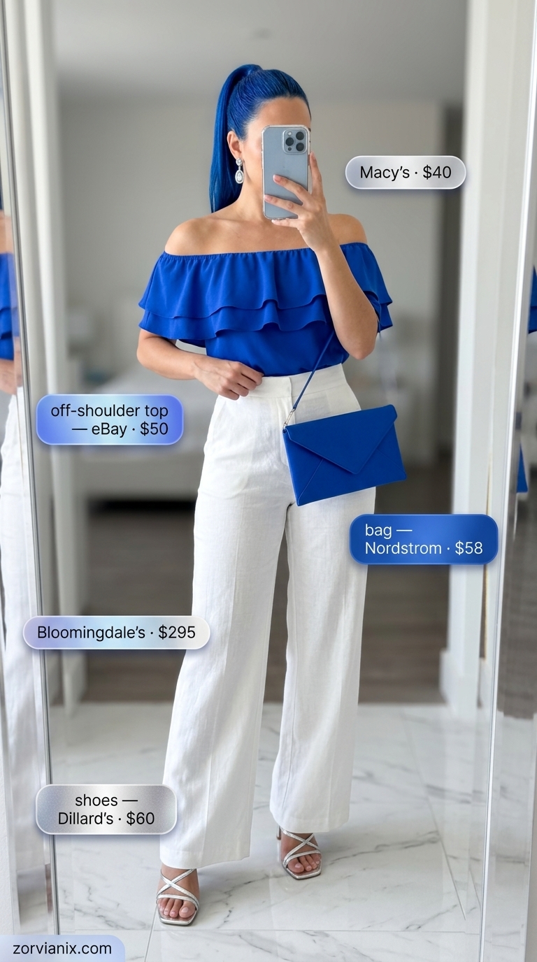 Cobalt blue off-shoulder top with white palazzo pants for summer off-shoulder outfits for women 2026.