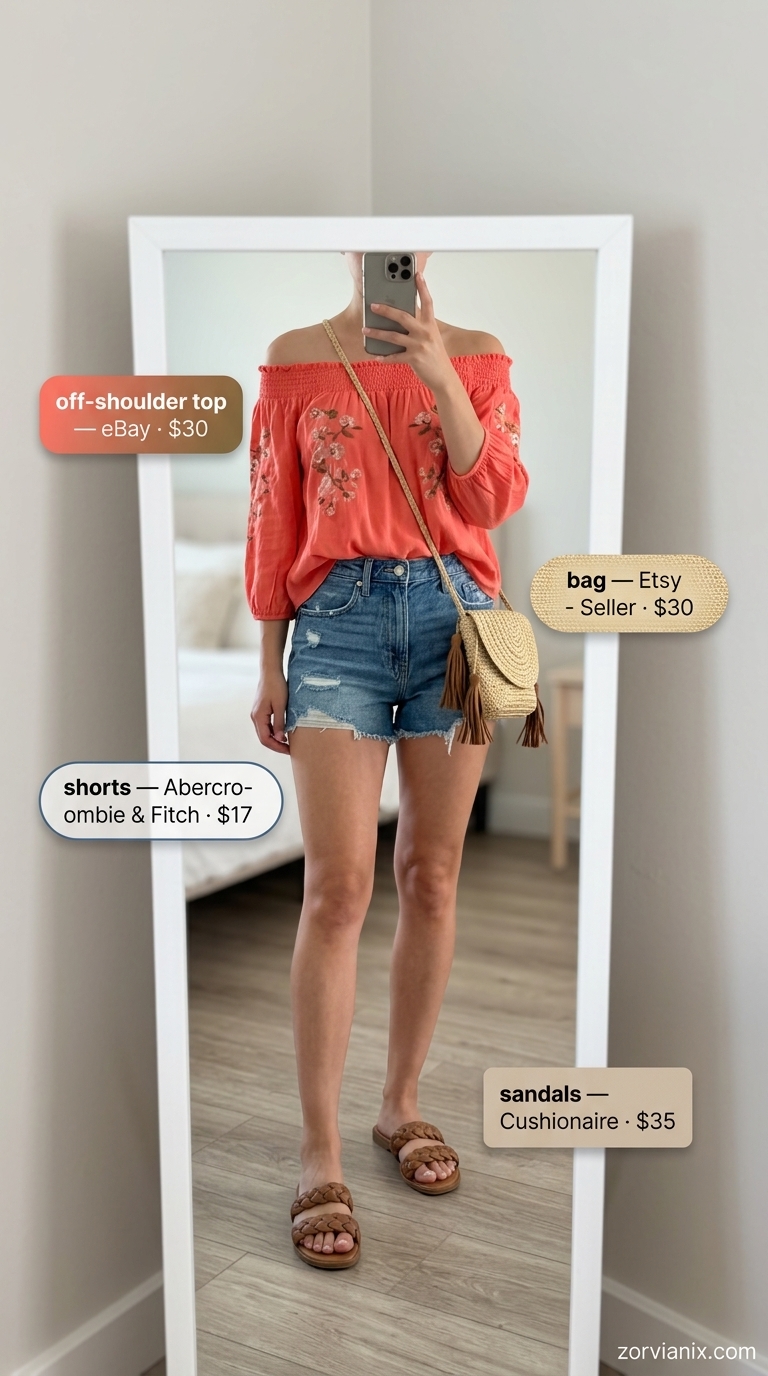Coral floral off-shoulder top with denim shorts for summer off-shoulder outfits for women 2026.
