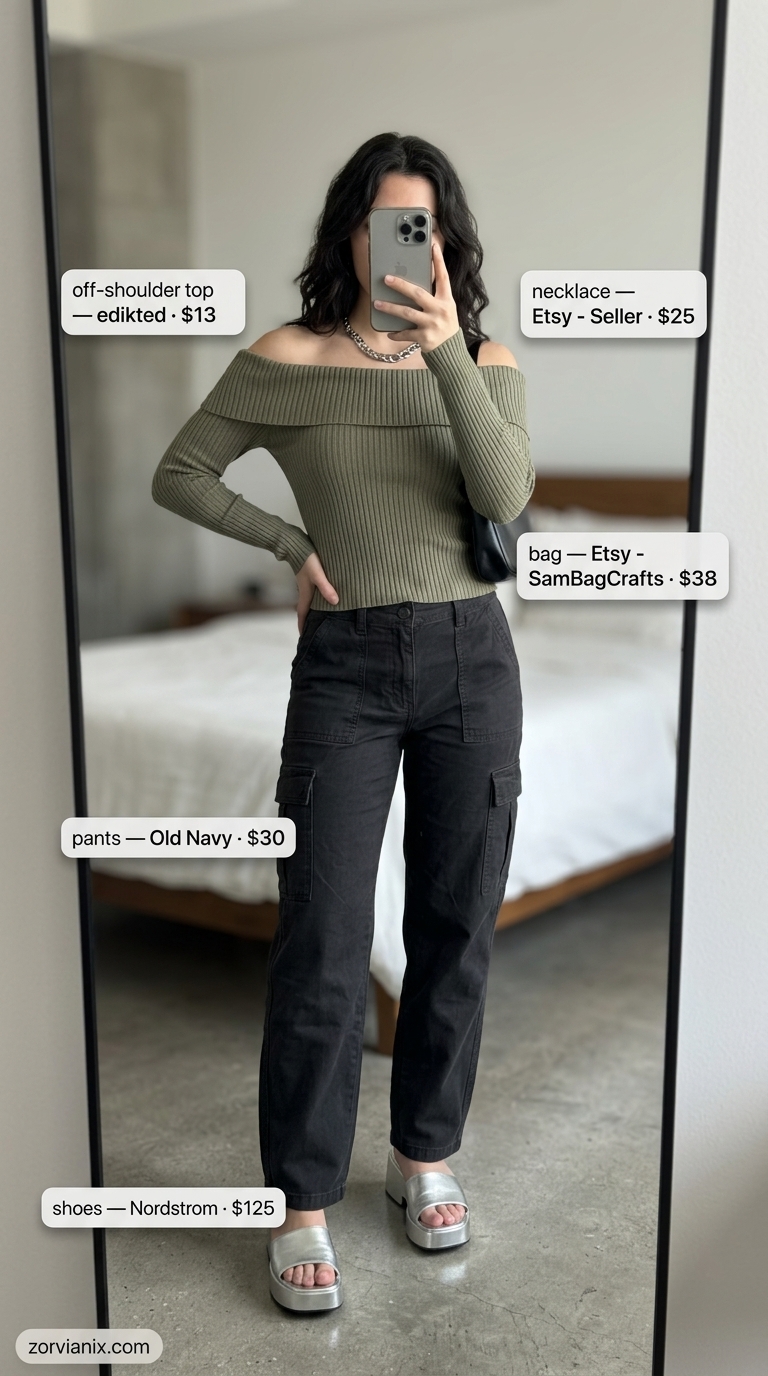 Edgy black off-shoulder top with olive green cargo pants for summer off-shoulder outfits for women 2026.
