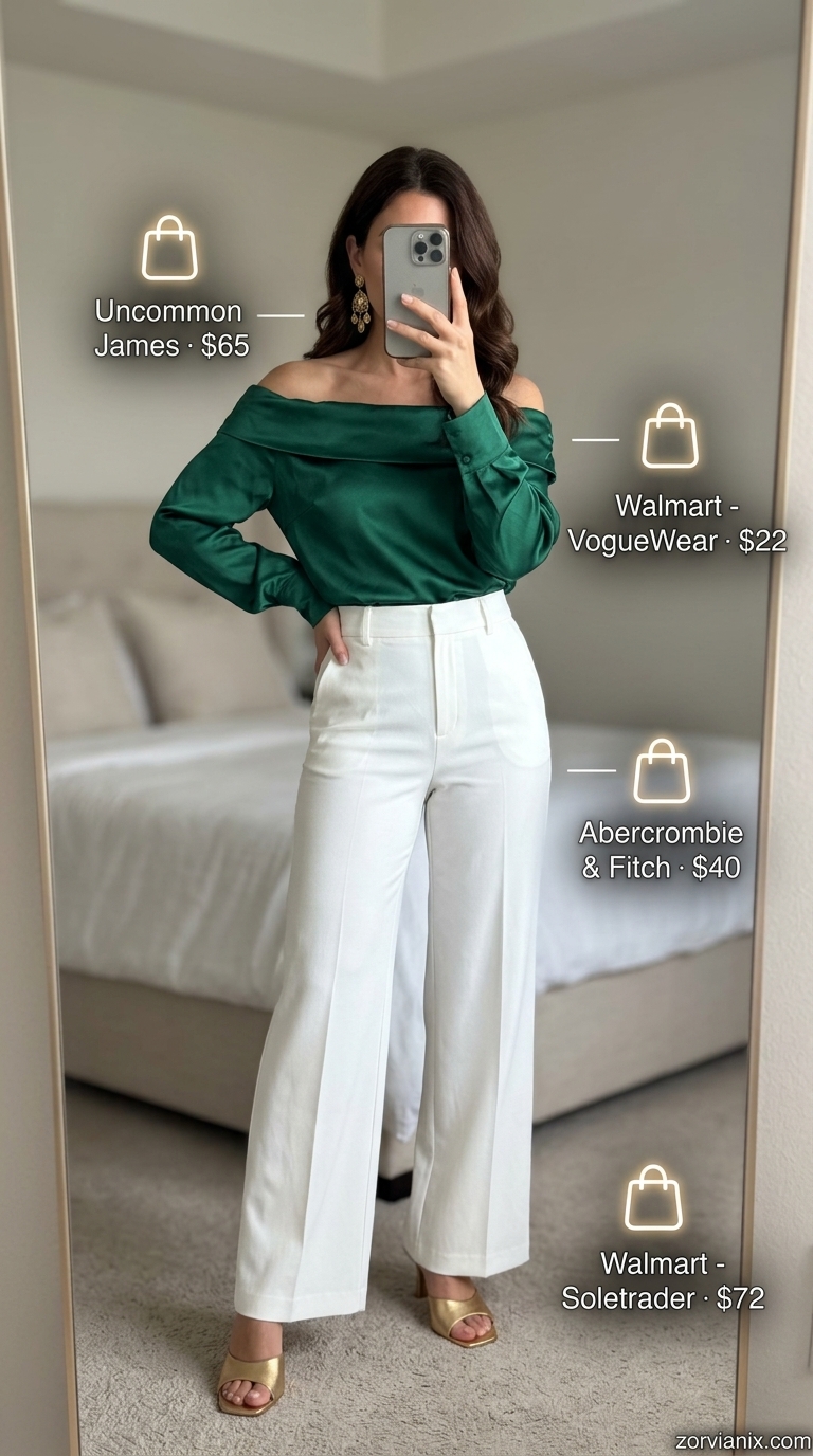 Emerald green off-shoulder satin top with white wide-leg pants for city sightseeing outfits 2026.
