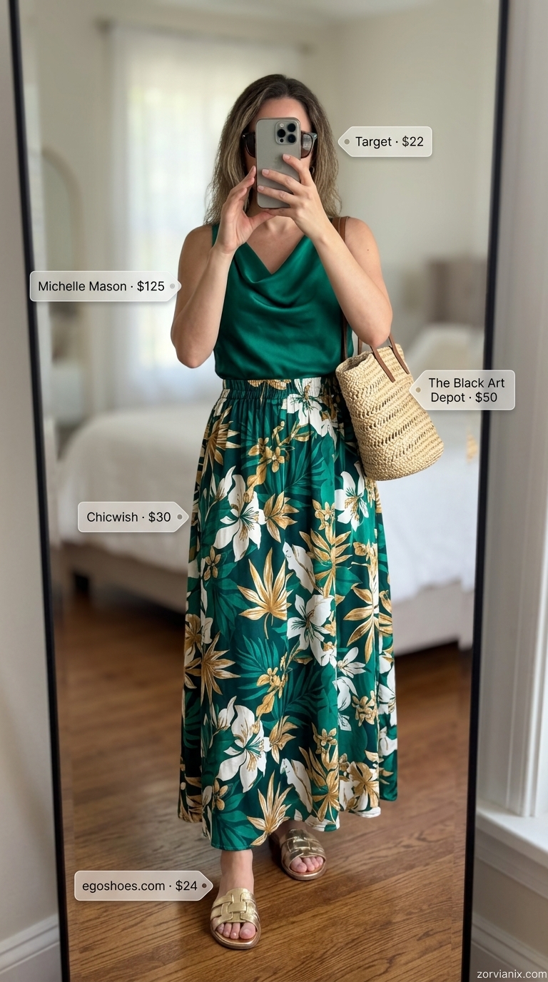 Emerald green draped off-shoulder top with tropical print maxi skirt for resort evening outfits 2026.
