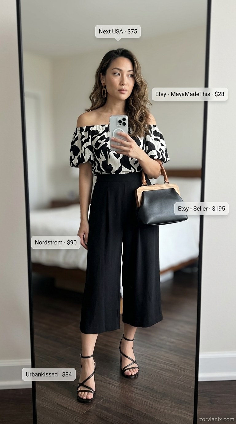 Artistic abstract print off-shoulder blouse with black culottes for summer off-shoulder outfits for women 2026.