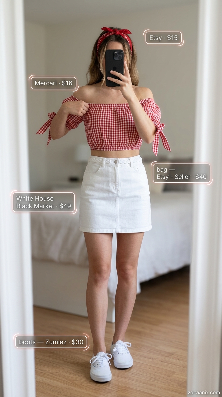 Red gingham off-shoulder top with denim mini skirt for playful picnic outfits 2026.