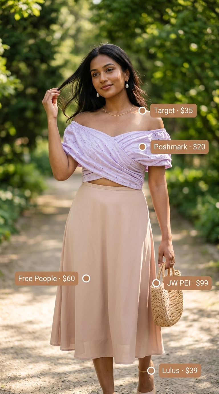 Romantic lavender off-shoulder top with white midi skirt for summer off-shoulder outfits for women 2026 picnic style.