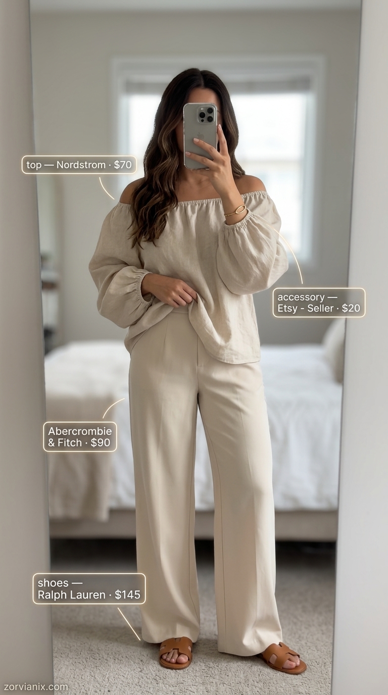 Minimalist beige off-shoulder top with cream wide-leg trousers for summer off-shoulder outfits for women 2026.