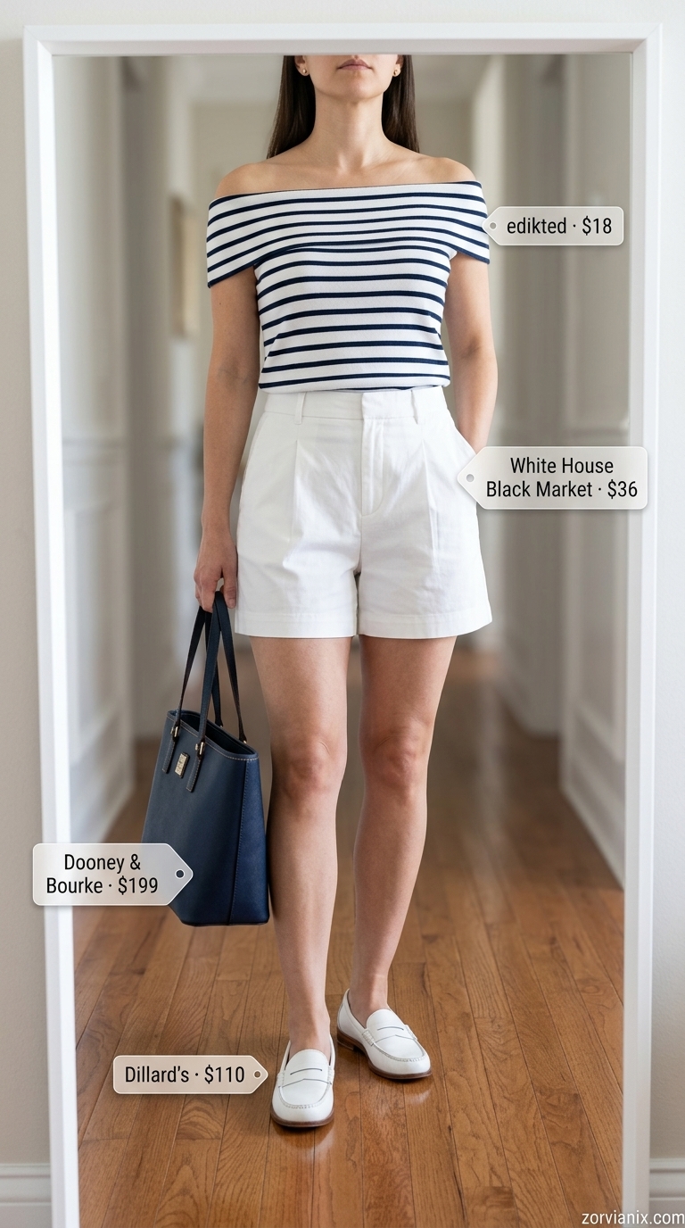 Navy stripe off-shoulder top with white chino shorts for nautical Riviera outfits 2026.