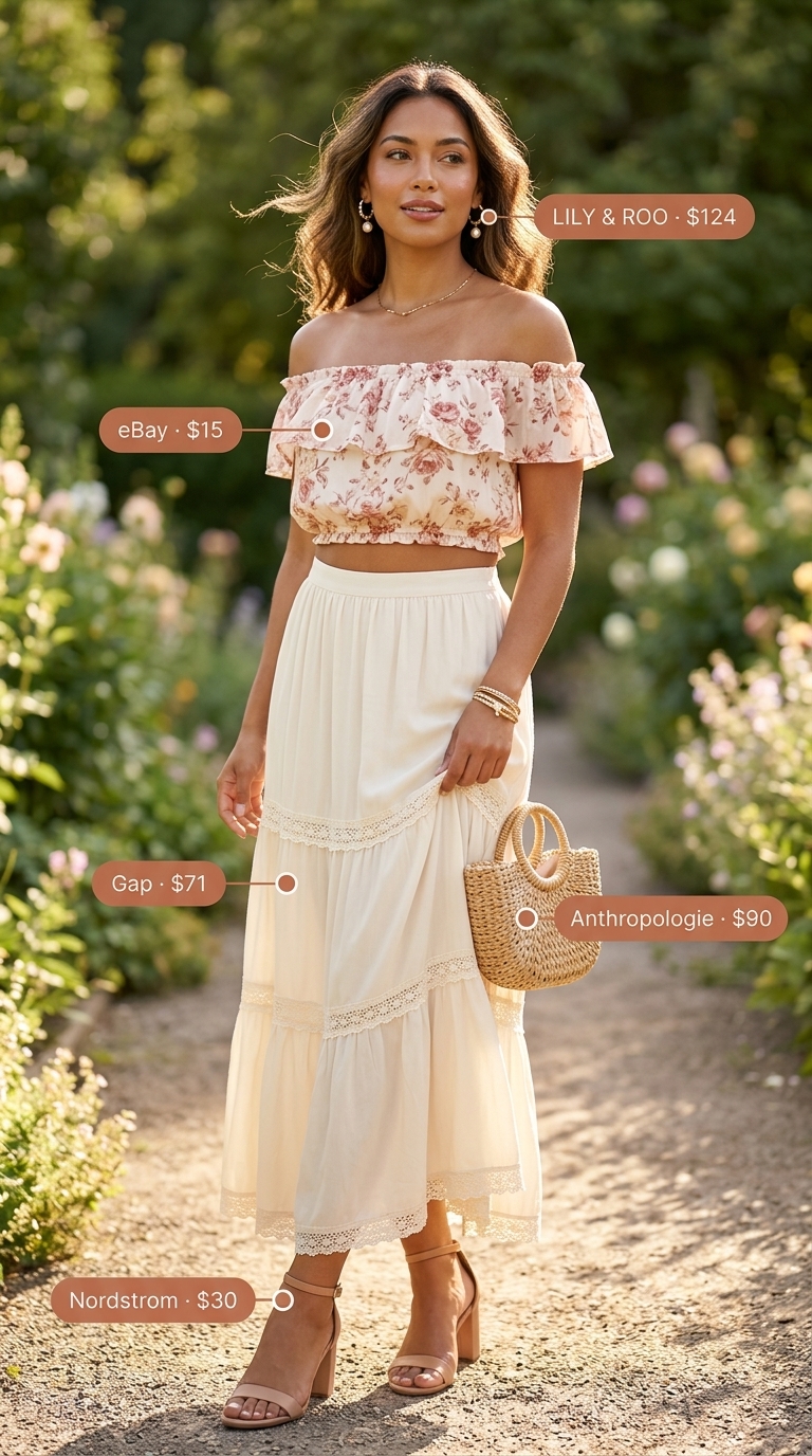 Pink floral off-shoulder top with cream tiered skirt for summer off-shoulder outfits for women 2026.