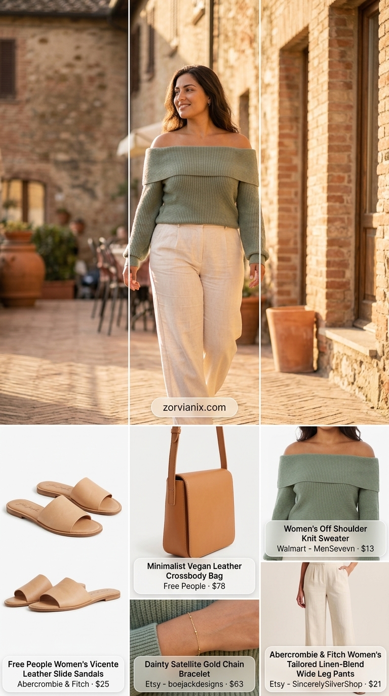 Sage green off-shoulder ribbed top with cream linen trousers for effortless brunch outfits 2026.