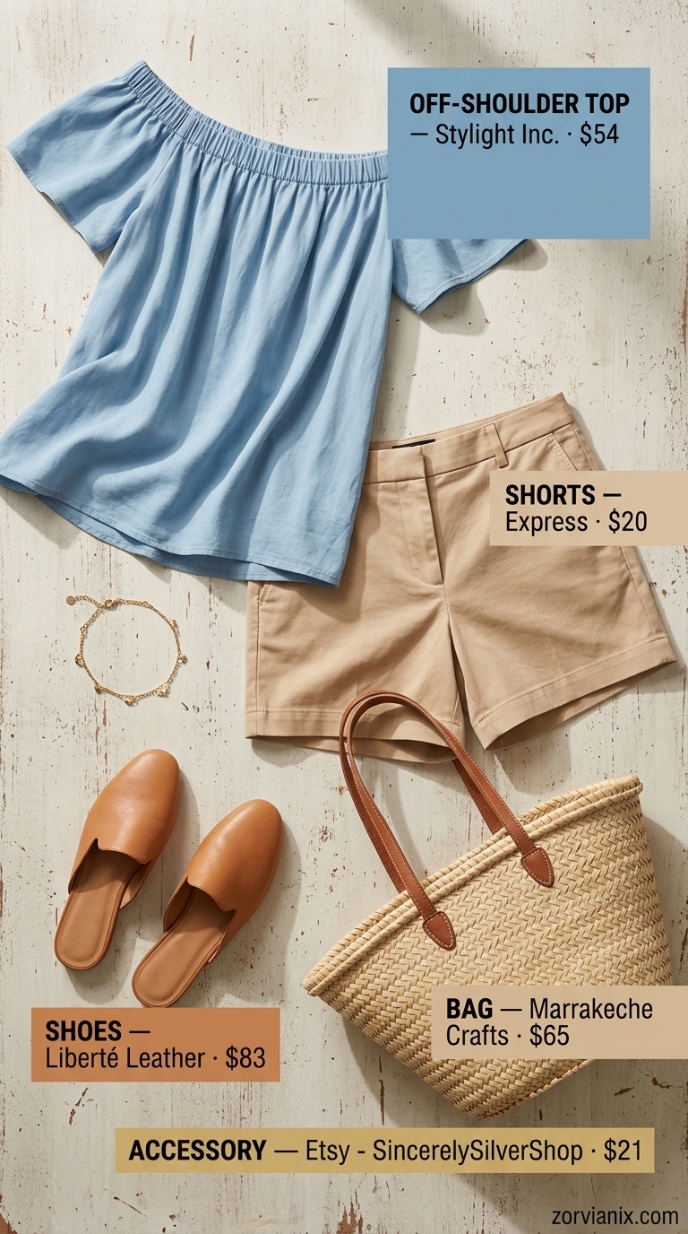 Sky blue off-shoulder top with white tailored shorts for summer off-shoulder outfits for women 2026.