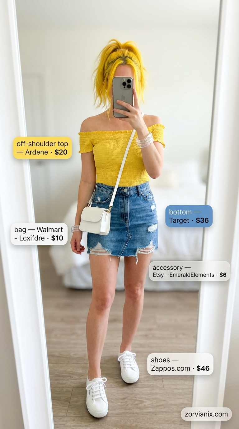 Playful yellow off-shoulder top with distressed denim skirt for summer off-shoulder outfits for women 2026.