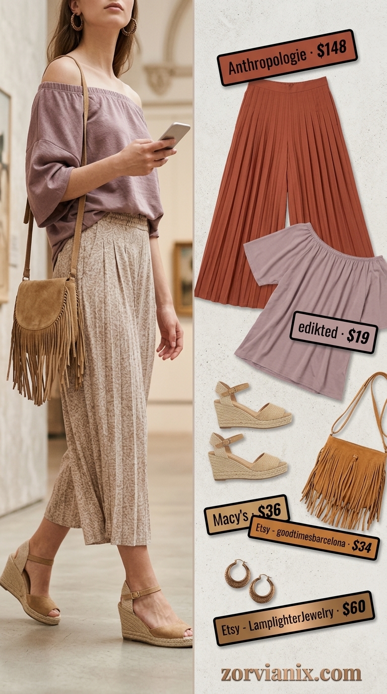 Terracotta off-shoulder top with abstract print culottes for summer off-shoulder outfits for women 2026.