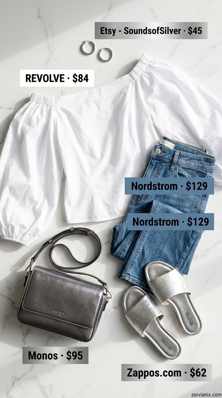 Modern white off-shoulder blouse with denim jeans for summer off-shoulder outfits for women 2026.