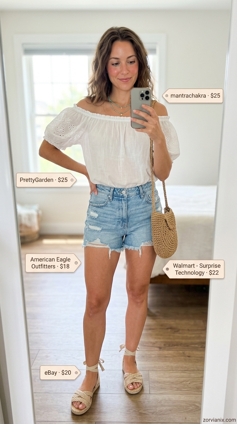 White embroidered off-shoulder top with distressed denim shorts for boho beach outfits 2026.