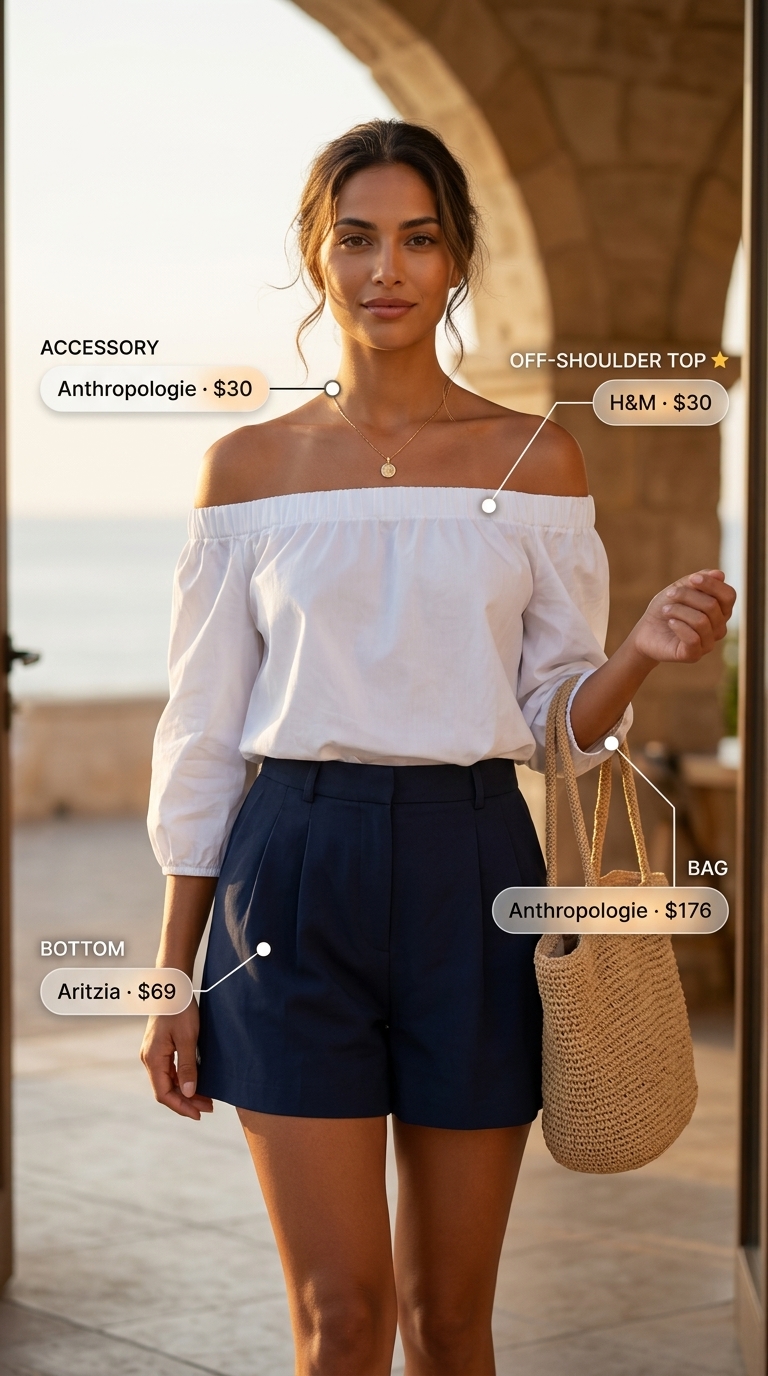 White off-shoulder linen blouse with navy shorts for summer off-shoulder outfits for women 2026.