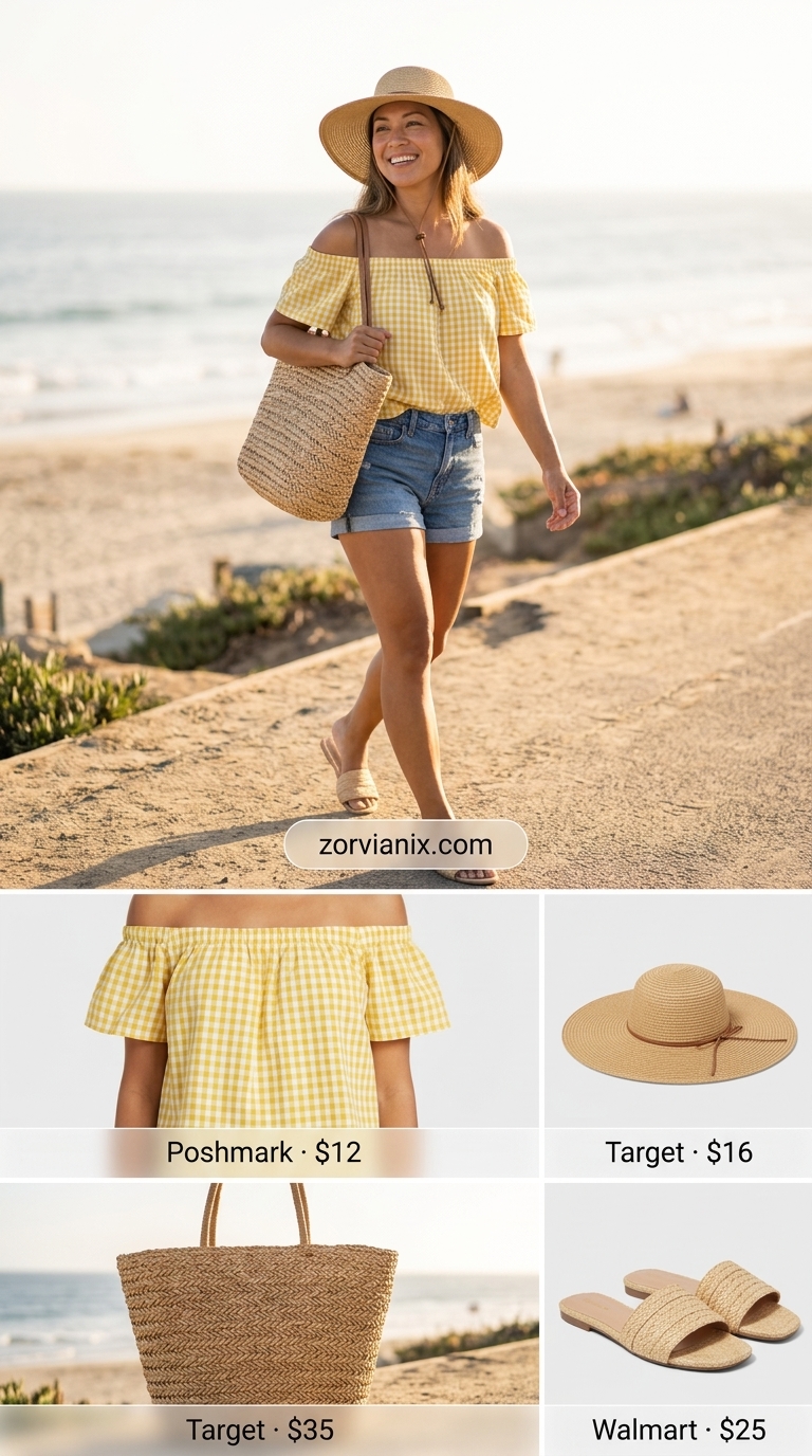 Yellow gingham off-shoulder top with linen pants for summer off-shoulder outfits for women 2026.