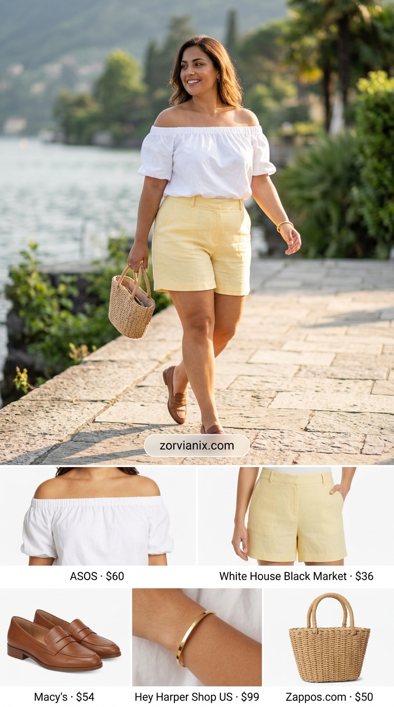 Pastel yellow off-shoulder top with white tailored shorts for preppy lakeside lunch outfits 2026.