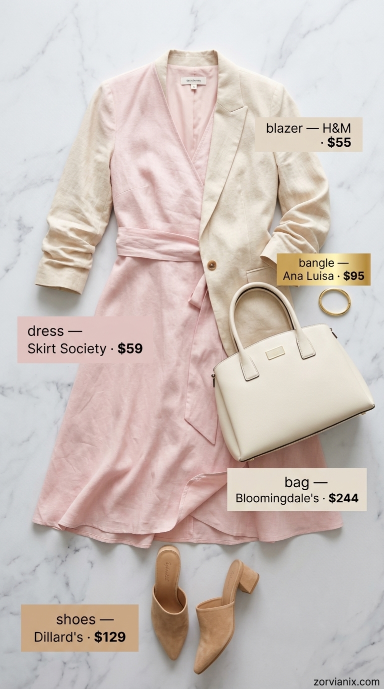Summer office outfits for women 2026: Blush pink linen dress, beige blazer, nude mules.