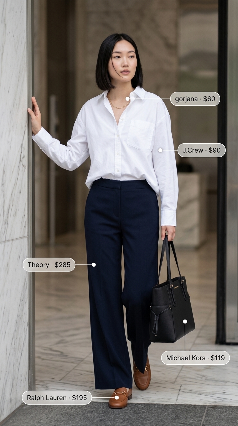 Summer office outfits for women 2026: Navy wide-leg pants, white shirt, and loafers for a professional look.
