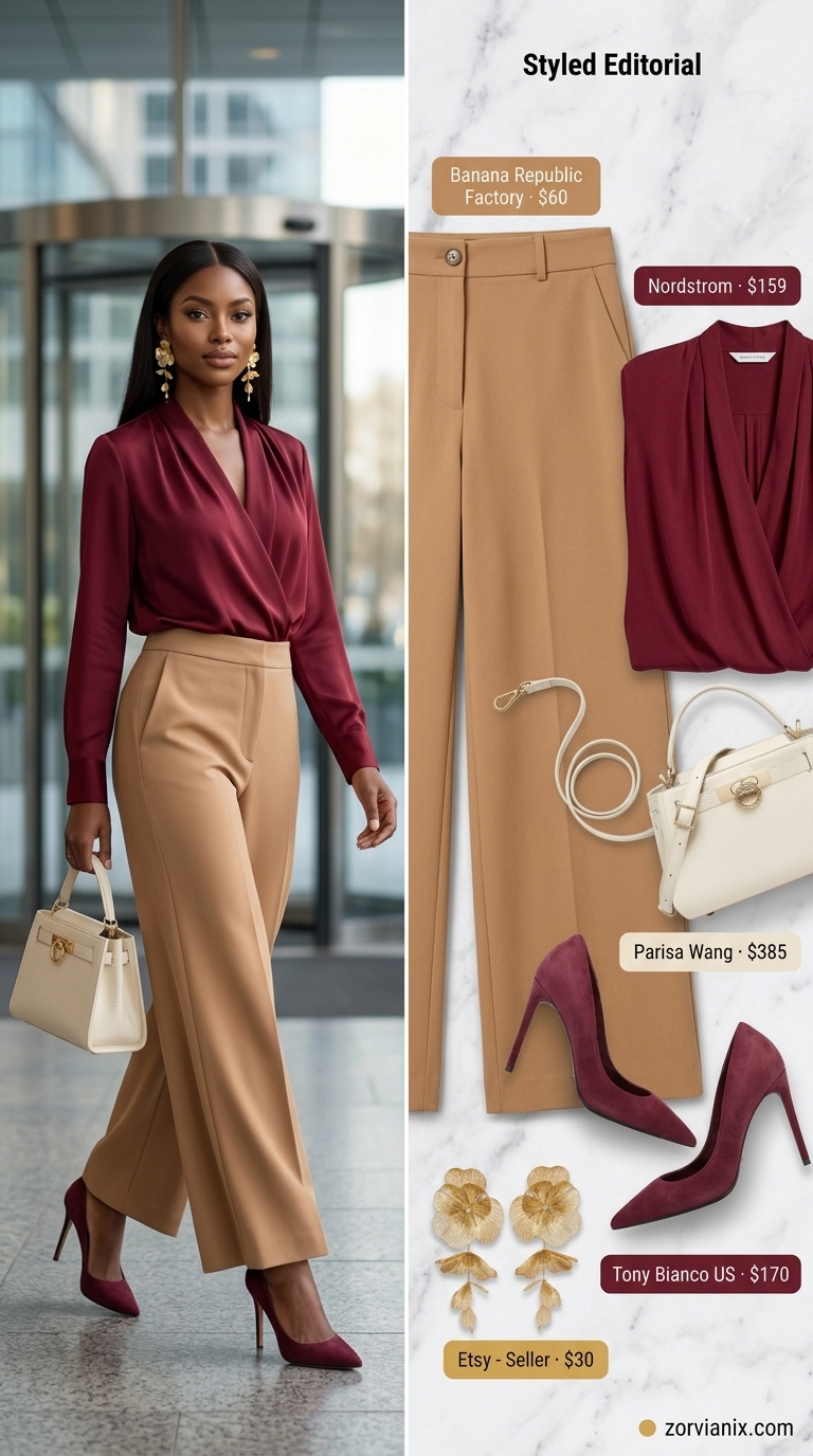 Summer office outfits for women 2026: Camel wide-leg pants, burgundy silk blouse, gold earrings.